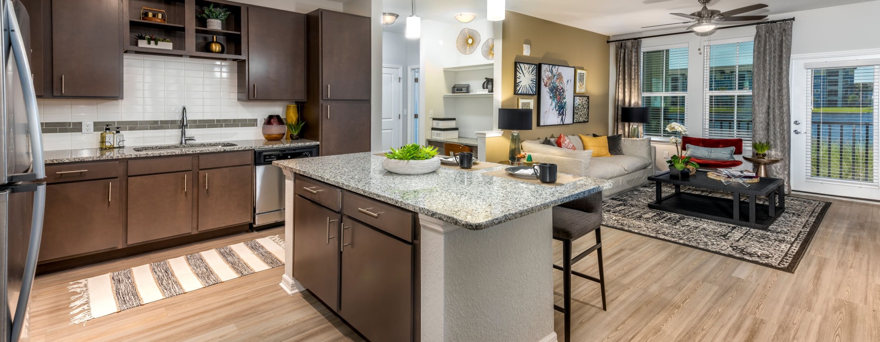 Kitchen, Island & Living Room