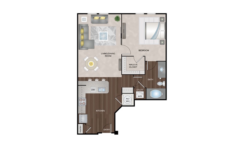 Coral 1 Bed 1 Bath Floorplan